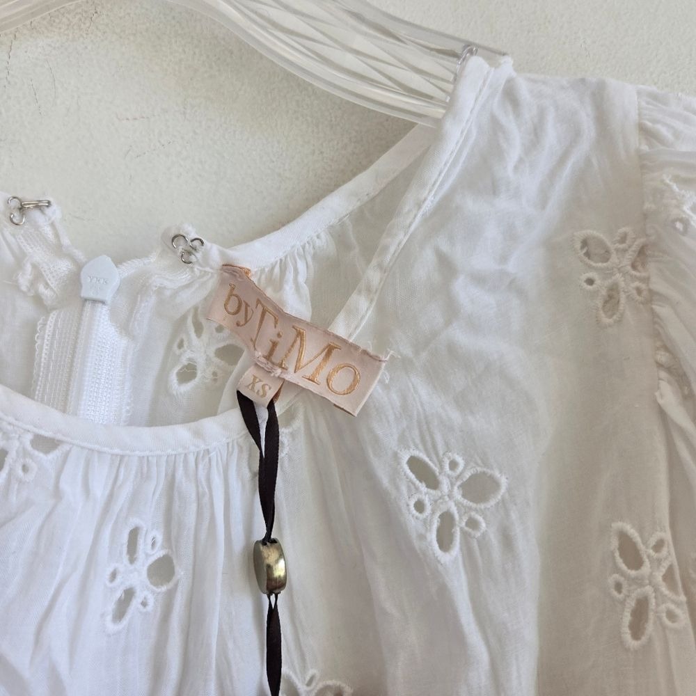 ByTiMo XS Dress Cotton Slub Eyelet Lace See Through Flower White Mini Dress - Picture 7 of 11